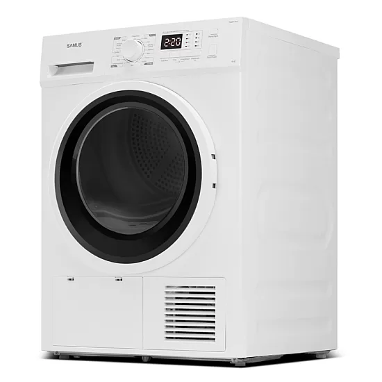 Uscator de rufe Samus SGDP-824, 8 kg, Tip procedura uscare pompa de caldura, 16 programe, Clasa energetica E, Anti-sifonare, Blocare acces copii, Pornire intarziata, Alb