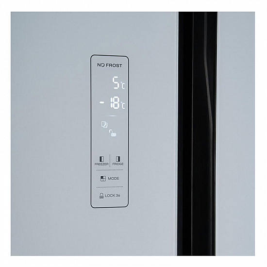 Frigider side by side Heinner HSBS-H442NFGWHE++, 442 l, Total NoFrost, Display, Clasa E, H 177 cm, Sticla alba