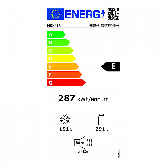 Frigider side by side Heinner HSBS-H442NFGWHE++, 442 l, Total NoFrost, Display, Clasa E, H 177 cm, Sticla alba