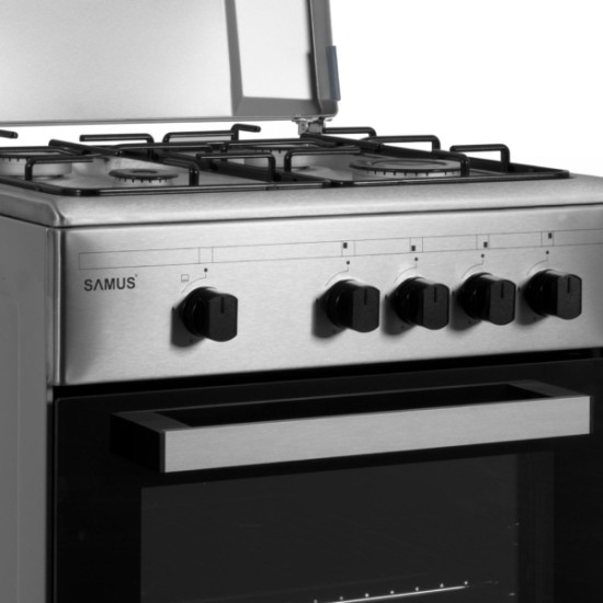 Aragaz Samus SM 450BXS, 4 Arzătoare, Siguranță plită + cuptor, Geam dublu la cuptor, Cuptor gaz, Argintiu