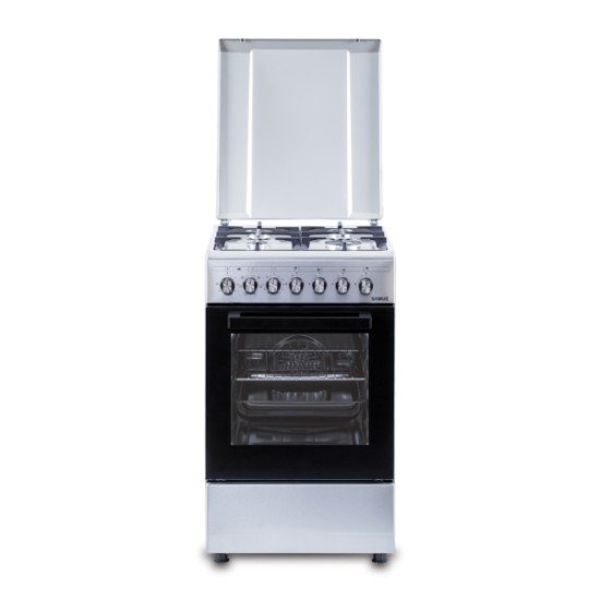Aragaz Samus SM562AENS1 INOX, 4 arzatoare gaz, Gratare fonta, 7 functii, Cuptor electric, Aprindere electrica, Ventilator, Timer mecanic, Inox