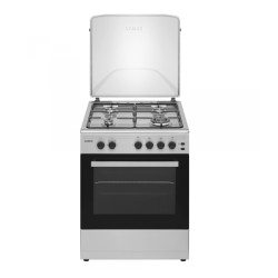 Aragaz Samus SM661XPGS1, 4 arzatoare (1 wok), Cuptor pe gaz, 55 L, Grill, Timer, Aprindere electrica plita, Siguranta plita + cuptor, Partea frontala din inox + laterale argintii