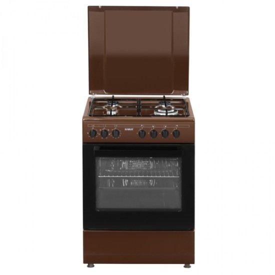 Aragaz Samus SM662AENS BROWN, 4 arzatoare, cuptor electric, 1 arzator WOK, aprindere electrica, grill, timer mecanic, capac metalic, maro