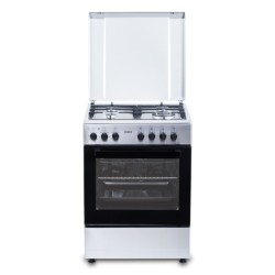 Aragaz Samus SM662AENS1 INOX, 4 arzatoare gaz( 1 arzator Wok), cuptor electric, 56 L, gratare fonta, aprindere electrica, Grill, lumina interioara, INox/laterale argintii