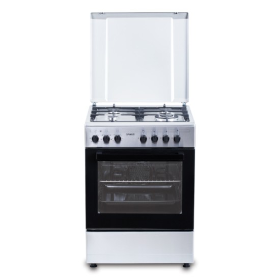 Aragaz Samus SM662AENS1 INOX, 4 arzatoare gaz( 1 arzator Wok), cuptor electric, 56 L, gratare fonta, aprindere electrica, Grill, lumina interioara, INox/laterale argintii