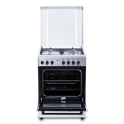 Aragaz Samus SM662AENS1 INOX, 4 arzatoare gaz( 1 arzator Wok), cuptor electric, 56 L, gratare fonta, aprindere electrica, Grill, lumina interioara, INox/laterale argintii