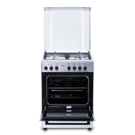 Aragaz Samus SM662AENS1 INOX, 4 arzatoare gaz( 1 arzator Wok), cuptor electric, 56 L, gratare fonta, aprindere electrica, Grill, lumina interioara, INox/laterale argintii