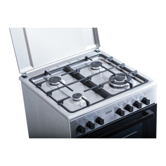 Aragaz Samus SM662AENS1 INOX, 4 arzatoare gaz( 1 arzator Wok), cuptor electric, 56 L, gratare fonta, aprindere electrica, Grill, lumina interioara, INox/laterale argintii