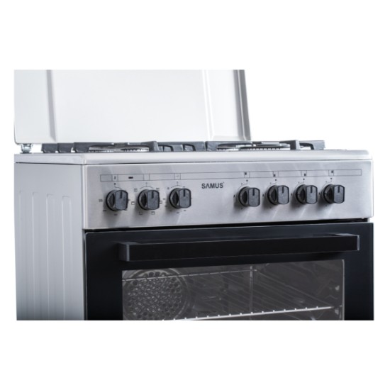 Aragaz Samus SM662AENS1 INOX, 4 arzatoare gaz( 1 arzator Wok), cuptor electric, 56 L, gratare fonta, aprindere electrica, Grill, lumina interioara, INox/laterale argintii