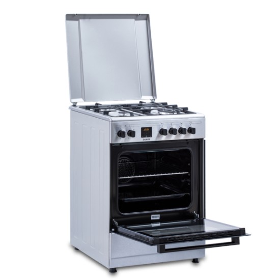 Aragaz Samus SM663AENS1 INOX, 4 arzatoare gaz, cuptor electric, 56 L, 7 functii, Ventilator, Grill, Timer digital, Inox