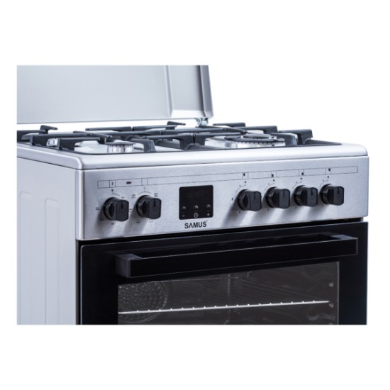 Aragaz Samus SM663AENS1 INOX, 4 arzatoare gaz, cuptor electric, 56 L, 7 functii, Ventilator, Grill, Timer digital, Inox