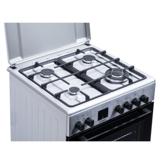 Aragaz Samus SM663AENS1 INOX, 4 arzatoare gaz, cuptor electric, 56 L, 7 functii, Ventilator, Grill, Timer digital, Inox