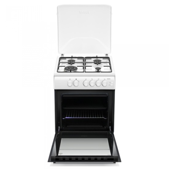 Aragaz Samus SM664APGS, 4 Arzatoare gaz, 1 Wok, Cuptor gaz, Aprindere electrica plita si cuptor, Timer, Grill, Alb