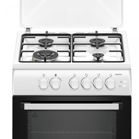 Aragaz Samus SM664APGS, 4 Arzatoare gaz, 1 Wok, Cuptor gaz, Aprindere electrica plita si cuptor, Timer, Grill, Alb