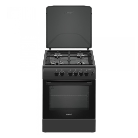 Aragaz Samus SM664BPGS, 4 arzatoare, 1 WOK, Cuptor gaz, Aprindere electrica, Siguranta plita si cuptor, Antracit