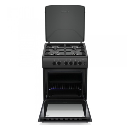 Aragaz Samus SM664BPGS, 4 arzatoare, 1 WOK, Cuptor gaz, Aprindere electrica, Siguranta plita si cuptor, Antracit
