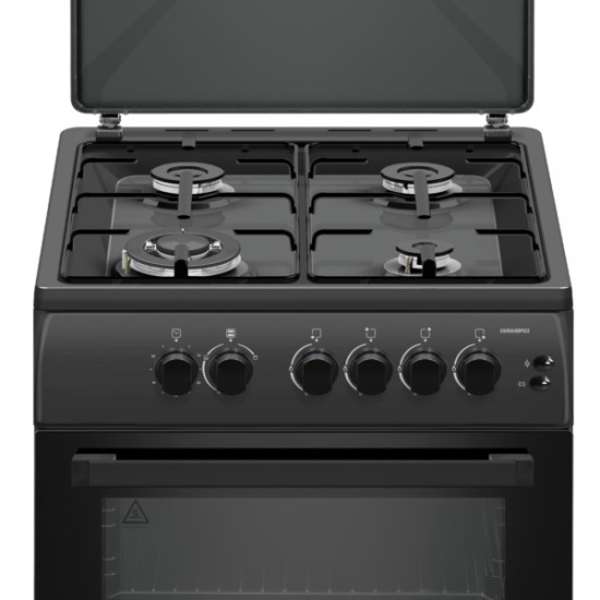 Aragaz Samus SM664BPGS, 4 arzatoare, 1 WOK, Cuptor gaz, Aprindere electrica, Siguranta plita si cuptor, Antracit