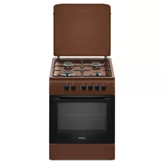 Aragaz Samus SM664MBS, 4 arzatoare, cuptor pe gaz, 60 cm, timer, capac metalic, Maro