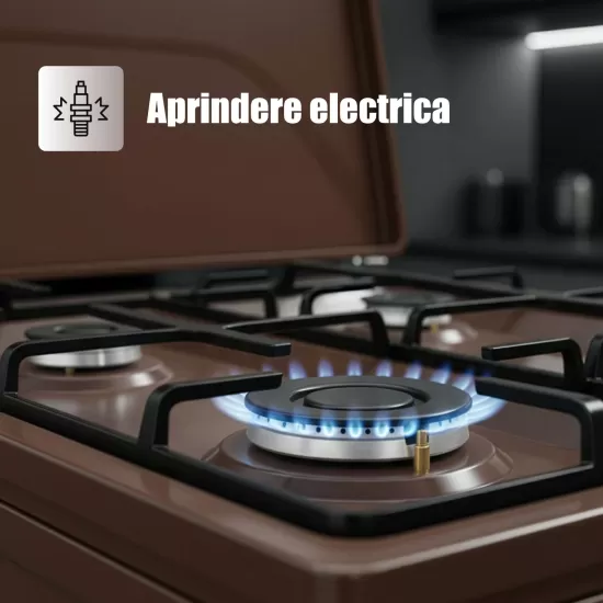 Aragaz Samus SM664MBS, 4 arzatoare, cuptor pe gaz, 60 cm, timer, capac metalic, Maro
