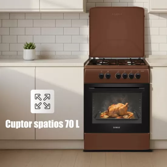 Aragaz Samus SM664MBS, 4 arzatoare, cuptor pe gaz, 60 cm, timer, capac metalic, Maro