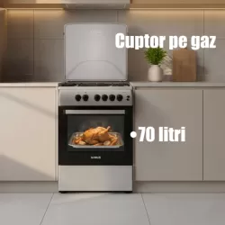 Aragaz Samus SM664XPGS1, 4 arzatoare gaz, cuptor gaz, aprindere electrica plita, timer, grill, sigurante plita si cuptor, Inox/laterale argintii