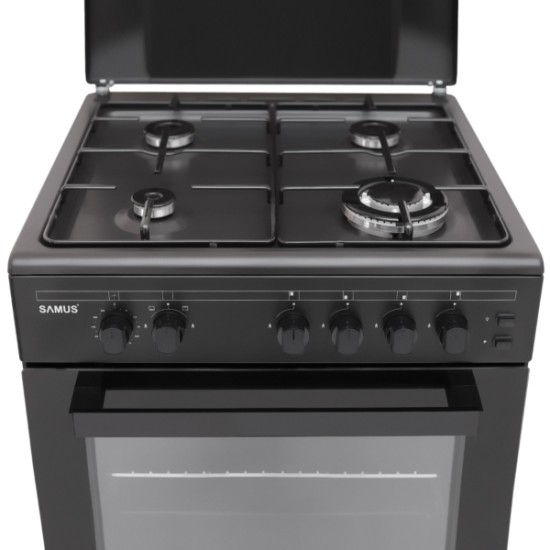 Aragaz Samus SM667APGS ANTHRACIT, 4 arzătoare pe gaz, 1 arzător WOK, Cuptor pe gaz, 55 L, Grill, Aprindere electrică, Timer mecanic, Antracit