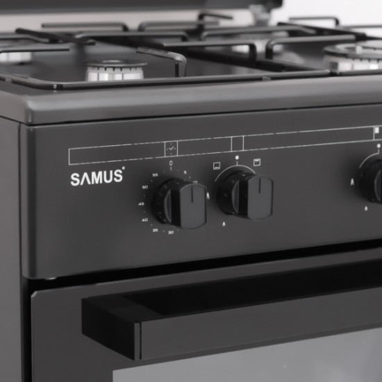 Aragaz Samus SM667APGS ANTHRACIT, 4 arzătoare pe gaz, 1 arzător WOK, Cuptor pe gaz, 55 L, Grill, Aprindere electrică, Timer mecanic, Antracit