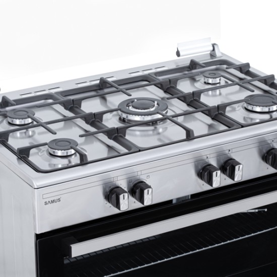Aragaz Samus SM950AGRXS1, 90 cm, 5 arzatoare, cuptor gaz, aprindere electrica plian si cuptor, timer mecanic, capacitate cuptor 92 L, Inox/Laterale argintii
