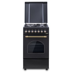 Aragaz rustic Samus SR550EL3B1, 3 arzatoare pe gaz + 1 electric, cuptor electric, 48 L, 3 functii, aprindere electrica, Timer mecanic, Aprindere eletrica, Negru