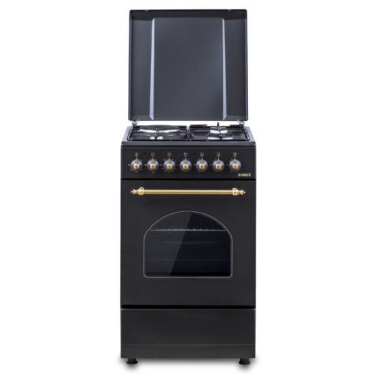 Aragaz rustic Samus SR550EL3B1, 3 arzatoare pe gaz + 1 electric, cuptor electric, 48 L, 3 functii, aprindere electrica, Timer mecanic, Aprindere eletrica, Negru