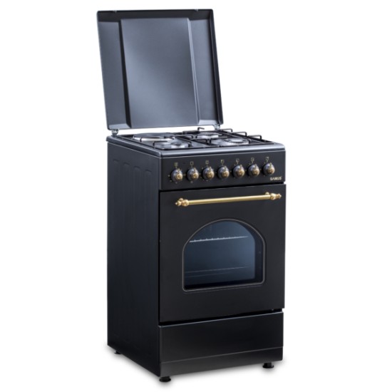 Aragaz rustic Samus SR550EL3B1, 3 arzatoare pe gaz + 1 electric, cuptor electric, 48 L, 3 functii, aprindere electrica, Timer mecanic, Aprindere eletrica, Negru