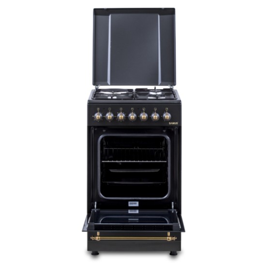 Aragaz rustic Samus SR550EL3B1, 3 arzatoare pe gaz + 1 electric, cuptor electric, 48 L, 3 functii, aprindere electrica, Timer mecanic, Aprindere eletrica, Negru
