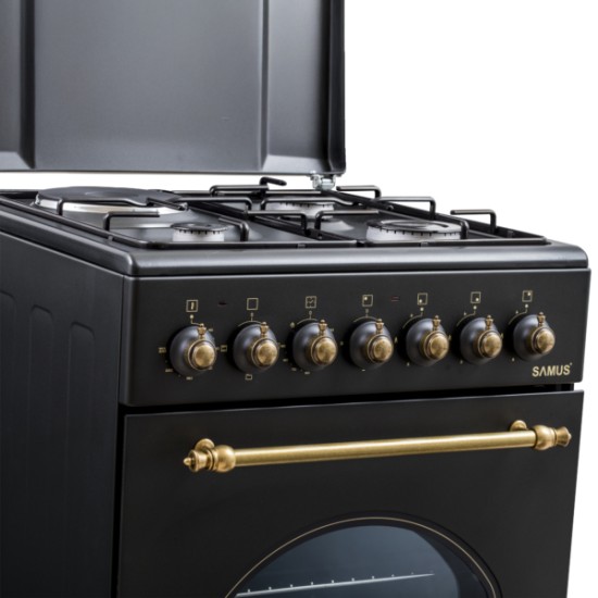 Aragaz rustic Samus SR550EL3B1, 3 arzatoare pe gaz + 1 electric, cuptor electric, 48 L, 3 functii, aprindere electrica, Timer mecanic, Aprindere eletrica, Negru