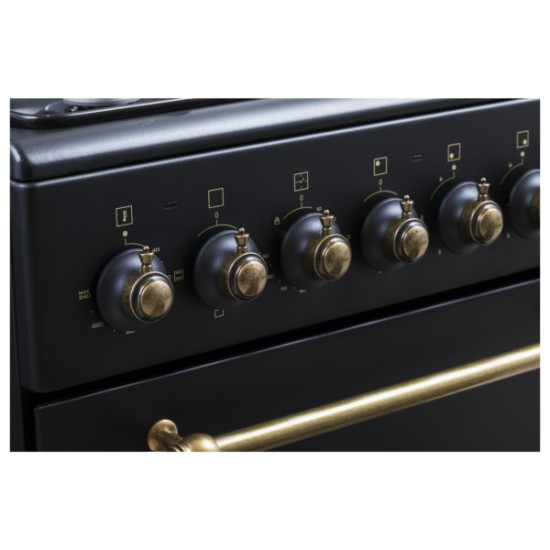 Aragaz rustic Samus SR550EL3B1, 3 arzatoare pe gaz + 1 electric, cuptor electric, 48 L, 3 functii, aprindere electrica, Timer mecanic, Aprindere eletrica, Negru