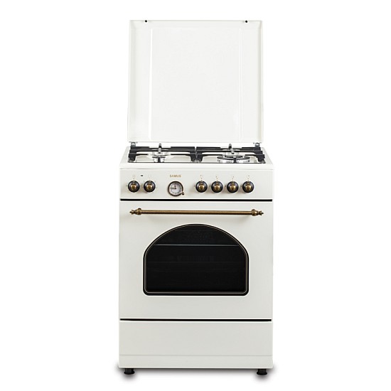 Aragaz Rustic Samus SR660EL1CW, 4 arzatoare gaz ( 1 wok), cuptor electric, 6 functii, 56 l, aprindere electrica, grill, ventilator, timer, Alb