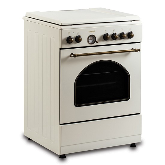 Aragaz Rustic Samus SR660EL1CW, 4 arzatoare gaz ( 1 wok), cuptor electric, 6 functii, 56 l, aprindere electrica, grill, ventilator, timer, Alb