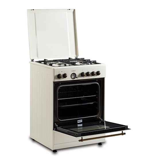 Aragaz Rustic Samus SR660EL1CW, 4 arzatoare gaz ( 1 wok), cuptor electric, 6 functii, 56 l, aprindere electrica, grill, ventilator, timer, Alb