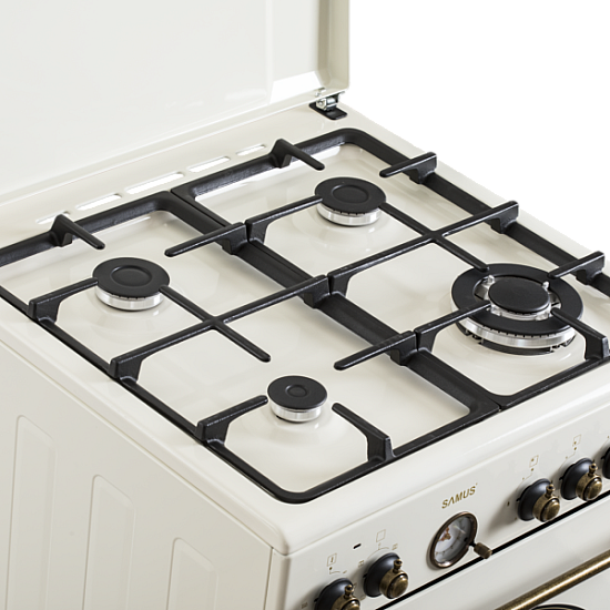 Aragaz Rustic Samus SR660EL1CW, 4 arzatoare gaz ( 1 wok), cuptor electric, 6 functii, 56 l, aprindere electrica, grill, ventilator, timer, Alb