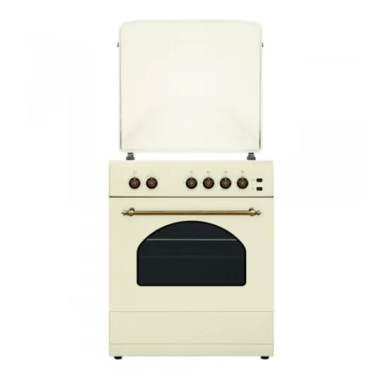 Aragaz rustic Samus SR660S4C1, 4 arzatoare (1Wok), Cuptor pe gaz, 55 L, Gratare din fonta, Aprindere electrica plita, Timer mecanic, Beige