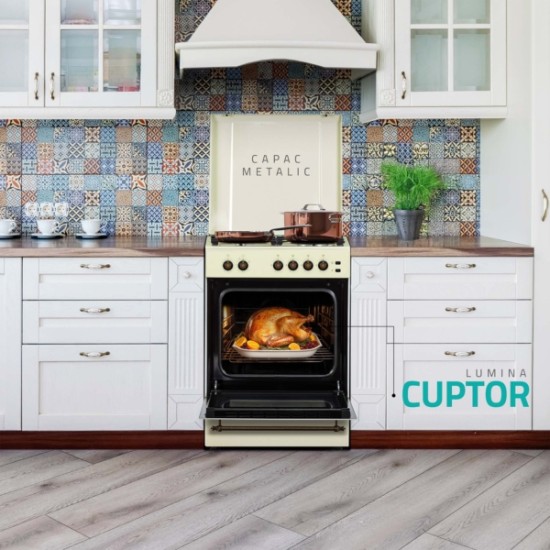 Aragaz rustic Samus SR660S4C1, 4 arzatoare (1Wok), Cuptor pe gaz, 55 L, Gratare din fonta, Aprindere electrica plita, Timer mecanic, Beige