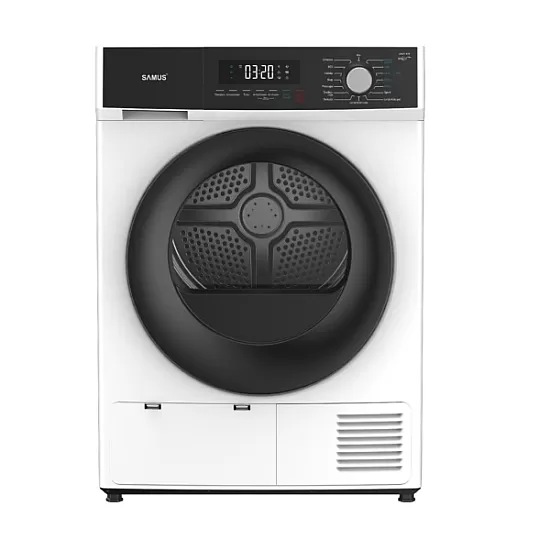 Uscator de rufe Samus SWDP-816, 8 kg, Afisaj electronic, Tip procedura uscare pompa de caldura, 16 programe, Clasa energetica E, Anti-sifonare, Blocare acces copii, Pornire intarziata, Alb/Negru