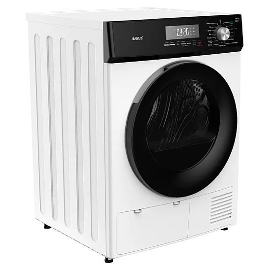 Uscator de rufe Samus SWDP-816, 8 kg, Afisaj electronic, Tip procedura uscare pompa de caldura, 16 programe, Clasa energetica E, Anti-sifonare, Blocare acces copii, Pornire intarziata, Alb/Negru