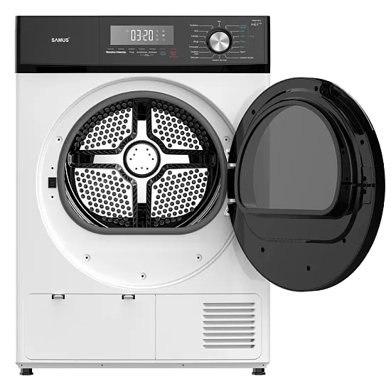 Uscator de rufe Samus SWDP-816, 8 kg, Afisaj electronic, Tip procedura uscare pompa de caldura, 16 programe, Clasa energetica E, Anti-sifonare, Blocare acces copii, Pornire intarziata, Alb/Negru