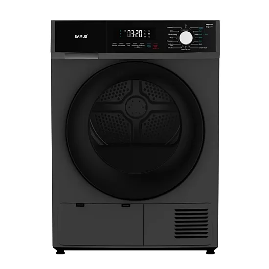 Uscator de rufe Samus SWDP-817DS, Capacitate 8 kg, Afisaj electronic, Tip procedura uscare pompa de caldura, 16 Programe, Clasa energetica E, Blocare acces copii, Pornire intarziata, Negru