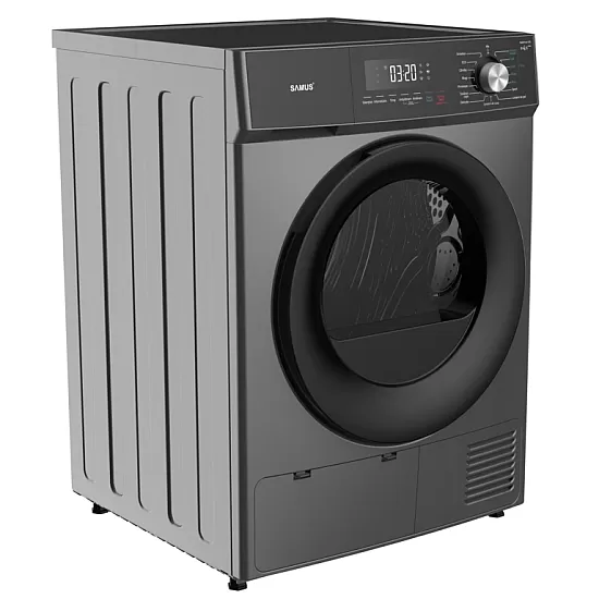 Uscator de rufe Samus SWDP-817DS, Capacitate 8 kg, Afisaj electronic, Tip procedura uscare pompa de caldura, 16 Programe, Clasa energetica E, Blocare acces copii, Pornire intarziata, Negru