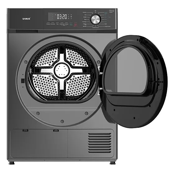 Uscator de rufe Samus SWDP-817DS, Capacitate 8 kg, Afisaj electronic, Tip procedura uscare pompa de caldura, 16 Programe, Clasa energetica E, Blocare acces copii, Pornire intarziata, Negru