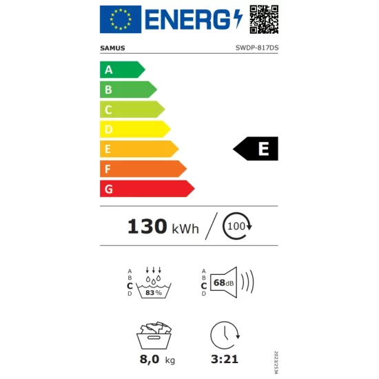 Uscator de rufe Samus SWDP-817DS, Capacitate 8 kg, Afisaj electronic, Tip procedura uscare pompa de caldura, 16 Programe, Clasa energetica E, Blocare acces copii, Pornire intarziata, Negru