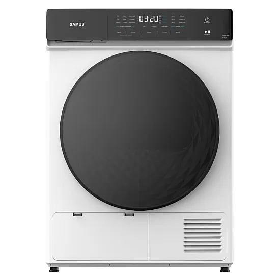 Uscator de rufe Samus SWDP-918, 8 kg, Tip procedura uscare: pompa de caldura, 18 programe, Clasa energetica E, anti-sifonare, blocare acces copii, Alb