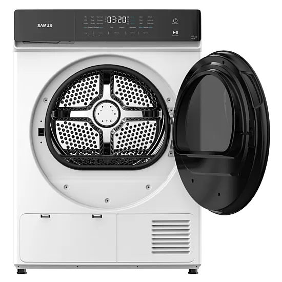 Uscator de rufe Samus SWDP-918, 8 kg, Tip procedura uscare: pompa de caldura, 18 programe, Clasa energetica E, anti-sifonare, blocare acces copii, Alb