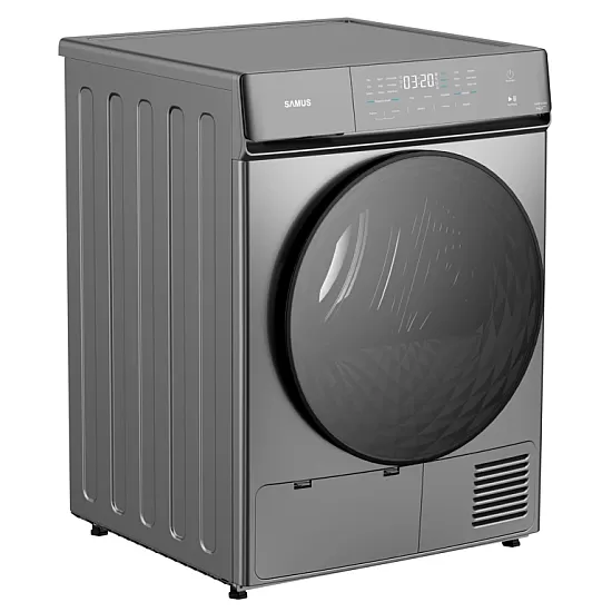 Uscator de rufe Samus SWDP-919DS, 8 kg, Tip procedura uscare: pompa de caldura. 18 programe, Clasa energetica E, anti-sifonare, blocare acces copii, gri inchis
